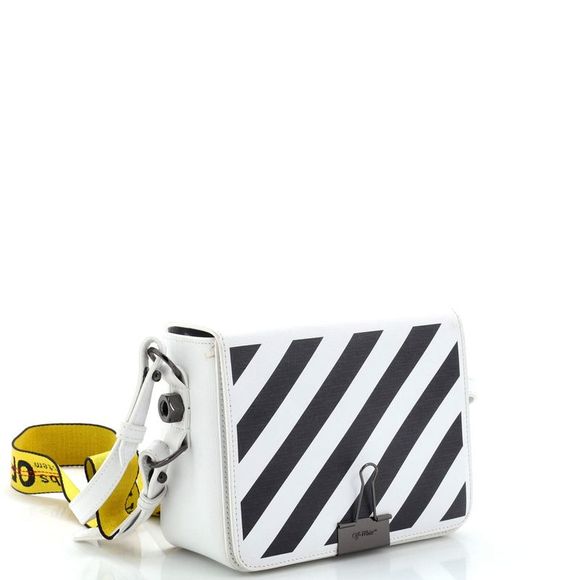 Off White Binder Clip Flap Bag Striped Leather Small Black, White - Picture 2 of 9